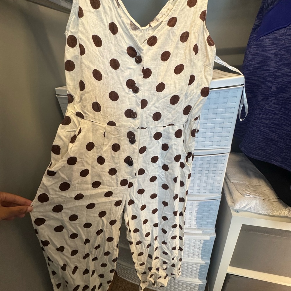 Monteau White and Brown Polka Dot Jumpsuit V-Neck Sleeveless
